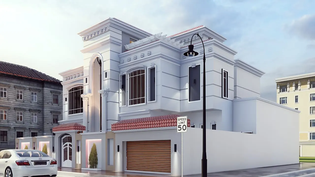 3D visualisation of a classical-style villa with arched windows