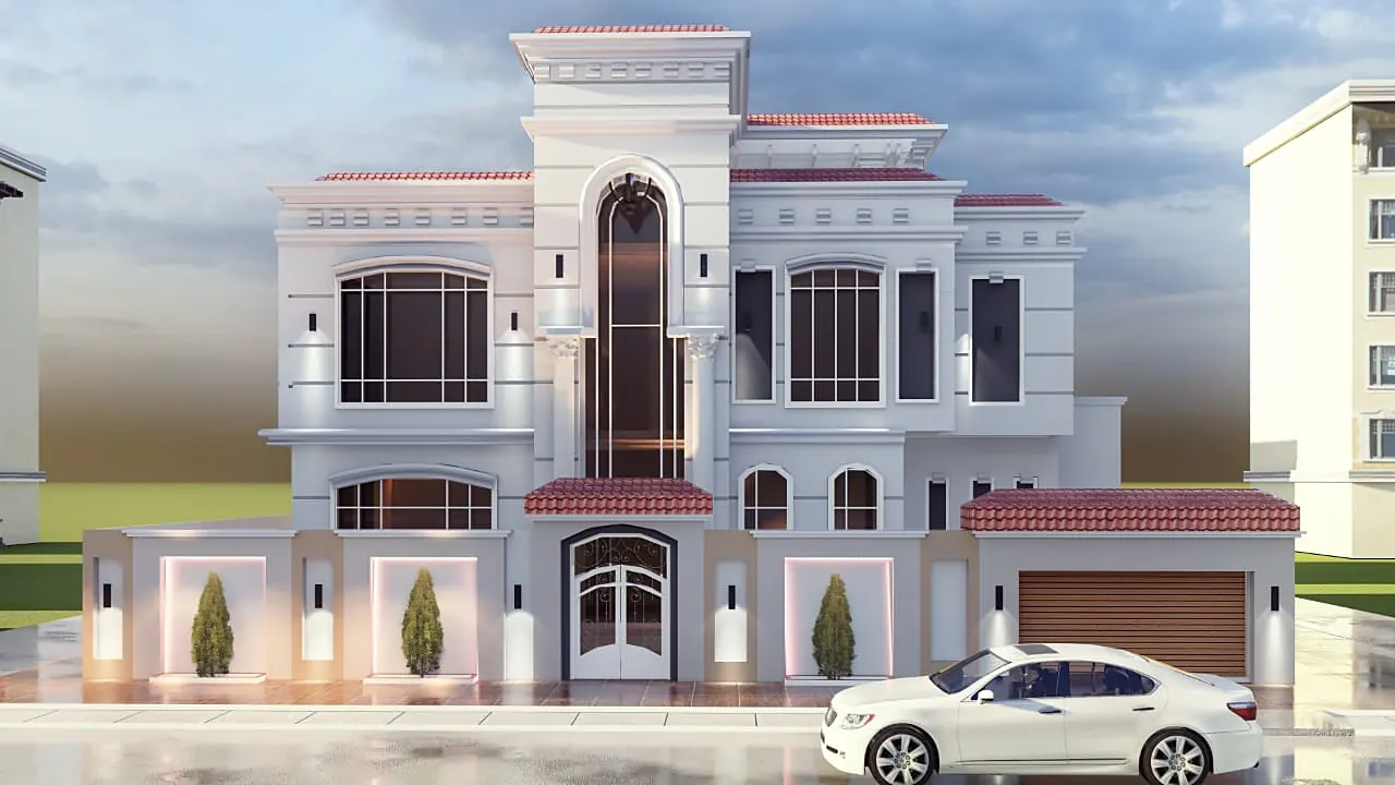 Front elevation visualisation of a classical villa with a central arched entrance