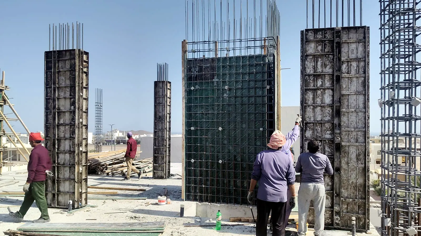 Column formwork and reinforcement being set up on site