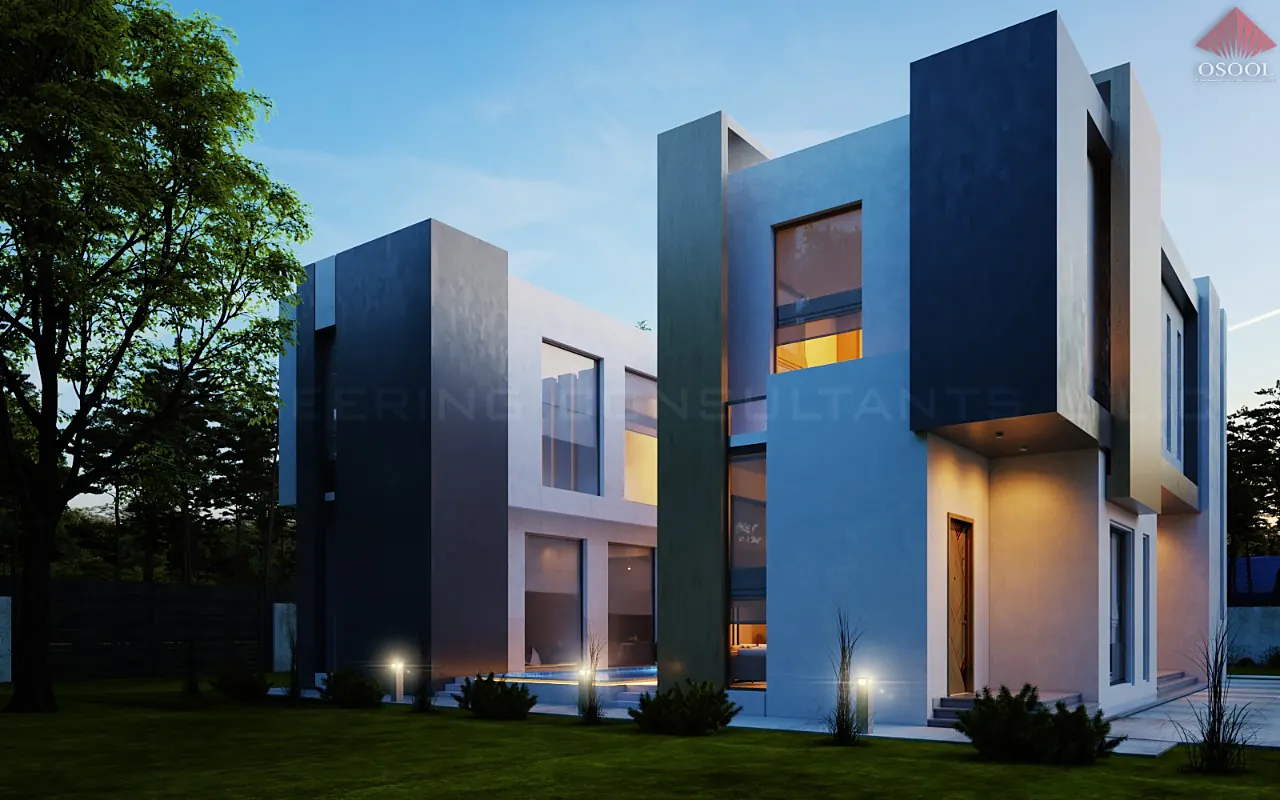 3D visualisation of a contemporary villa with stacked volumes at dusk
