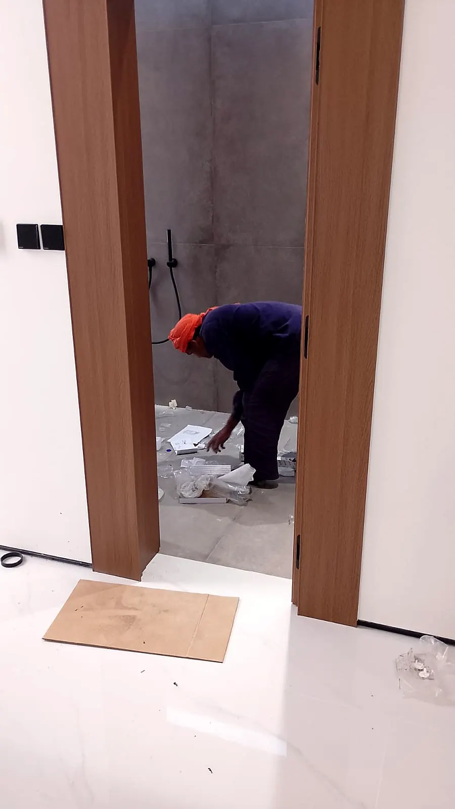 Timber-finish door frames installed in a finished interior