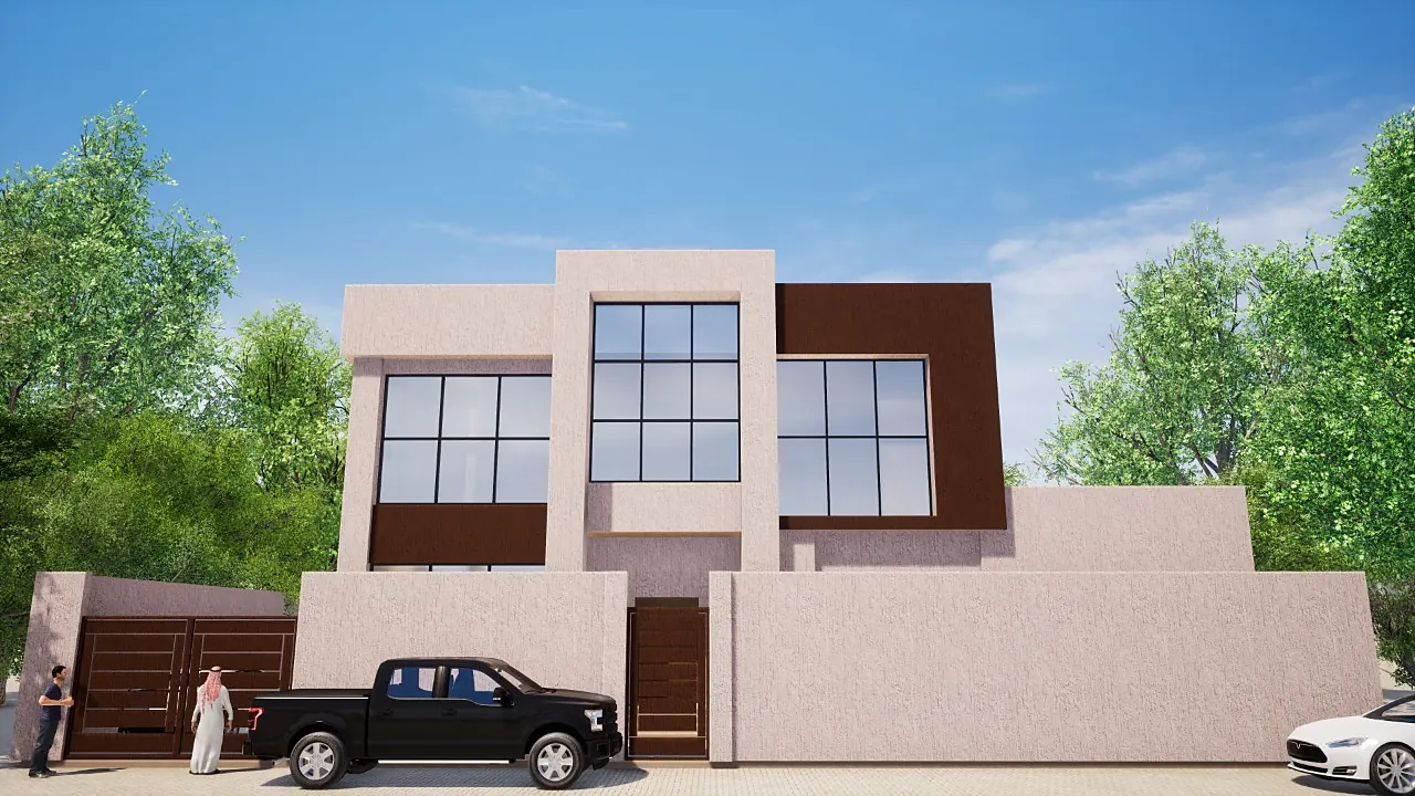 3D visualisation of a villa with beige render and a dark timber-effect panel