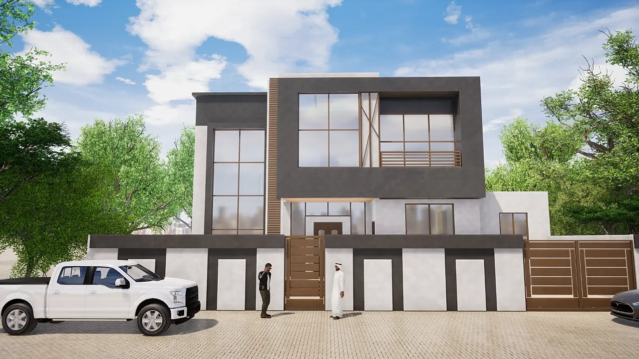 3D visualisation of a two-storey modern villa with dark cladding and timber-look gates