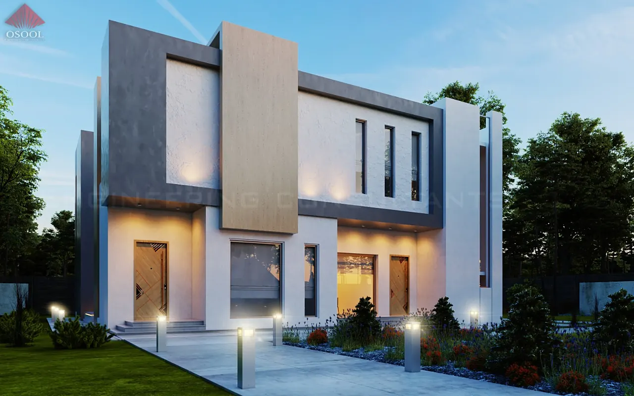 Dusk 3D visualisation of a villa front with stone panel and garden lighting