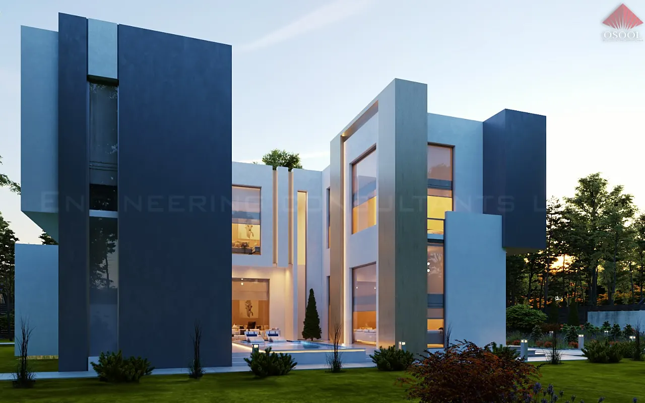 Dusk 3D visualisation of a villa with tall façade blades