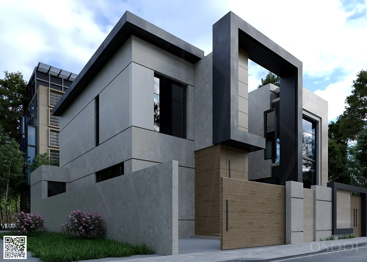 Side visualisation of a villa with an angled roof and dark frame