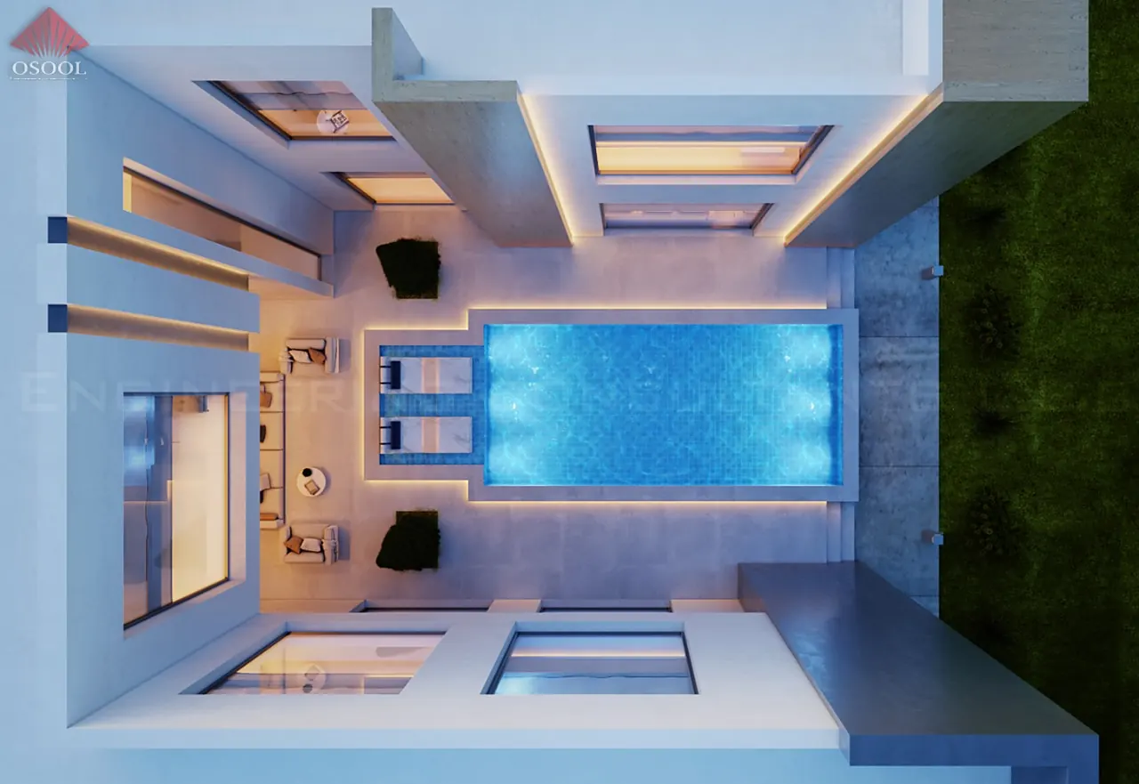 Aerial 3D visualisation of a villa courtyard with swimming pool
