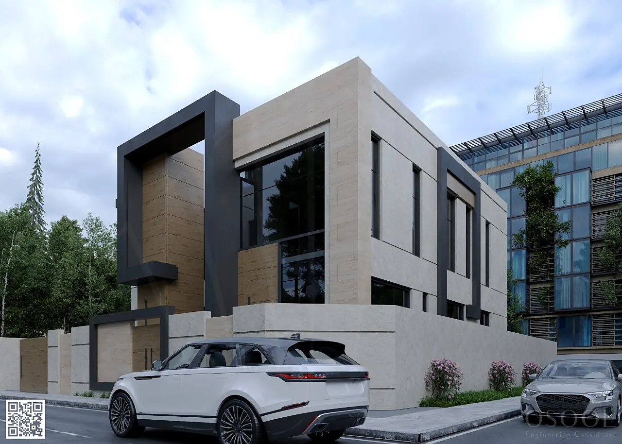 3D visualisation of a villa with dark portal frames and stone cladding