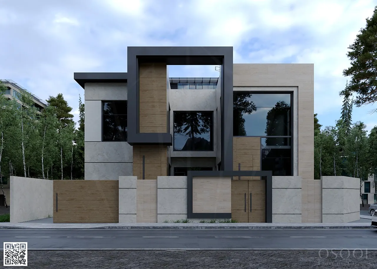 Front visualisation of a villa with a framed central volume