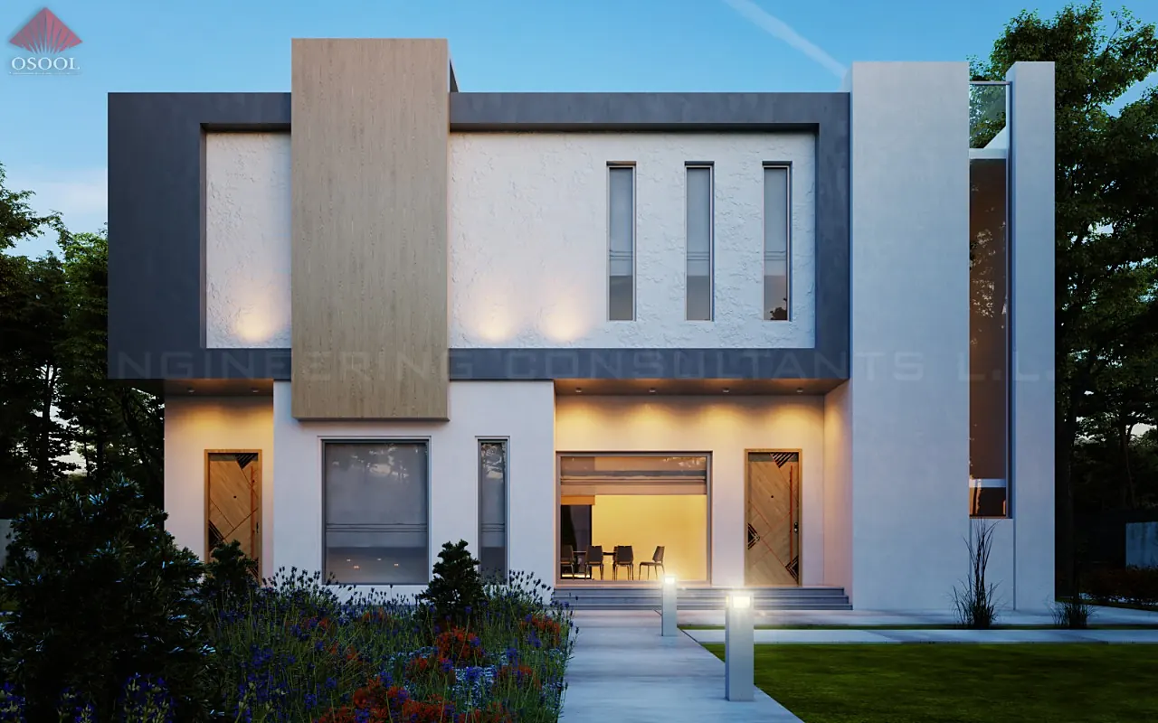 Front elevation visualisation of a villa with vertical slot windows